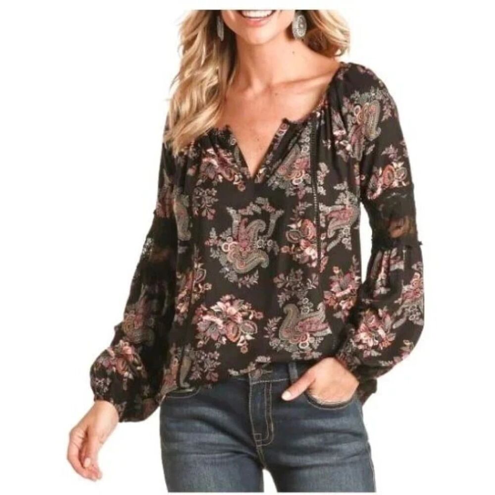 PANHANDLE Women's Poet Blouse Shirt Size M Black Paisley Floral Long Sleeve